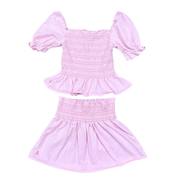 Polo Ralph Lauren Girls Pink Smocked Puff Sleeve Top & Skirt Set Size M 8 / 10
